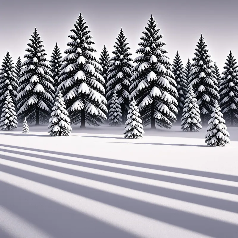 Snow covered pine trees stand in a snowy field with long diagonal blue shadows stretching across the white ground.