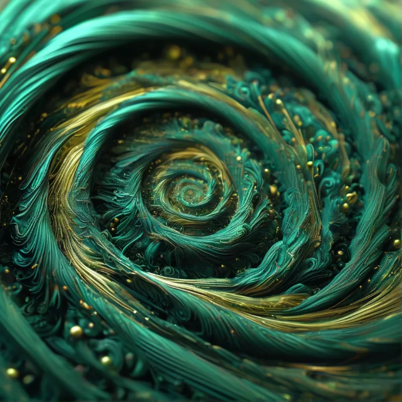 A deep spiral of teal liquid and gold accents forms a vortex with scattered metallic speckles throughout the composition.
