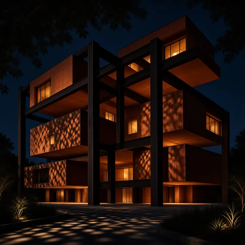 A cubic house with a black steel frame glows with warm light against a dark sky while tree shadows fall on the walls.