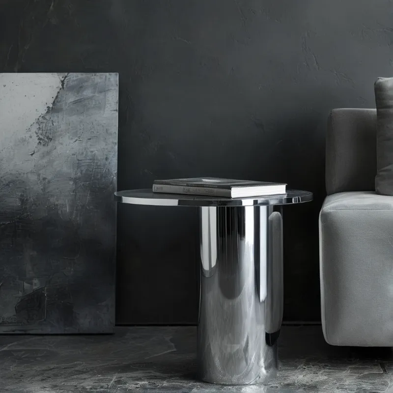 A reflective metallic side table holding a book sits next to a grey armchair and abstract artwork against a dark wall.