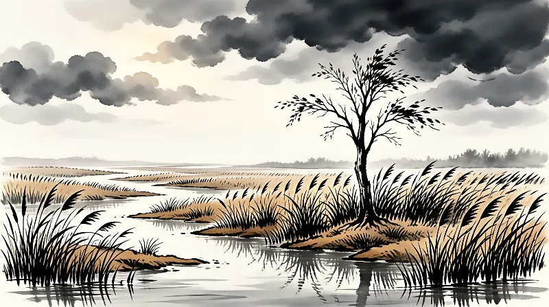 A solitary tree stands on a grassy island amidst shallow water and reeds under a heavy cloudy sky in an ink wash style.