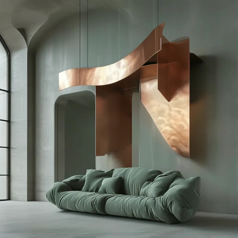 A plush green sofa sits below a large copper abstract sculpture attached to a grey concrete wall.