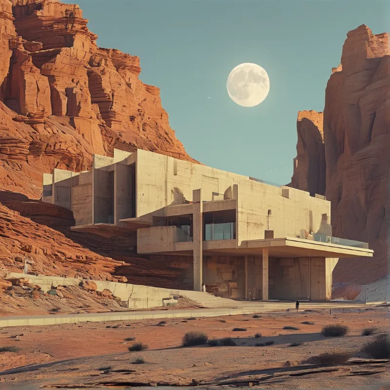 Geometric concrete structure nestled in red canyon cliffs under a bright moonlit sky.