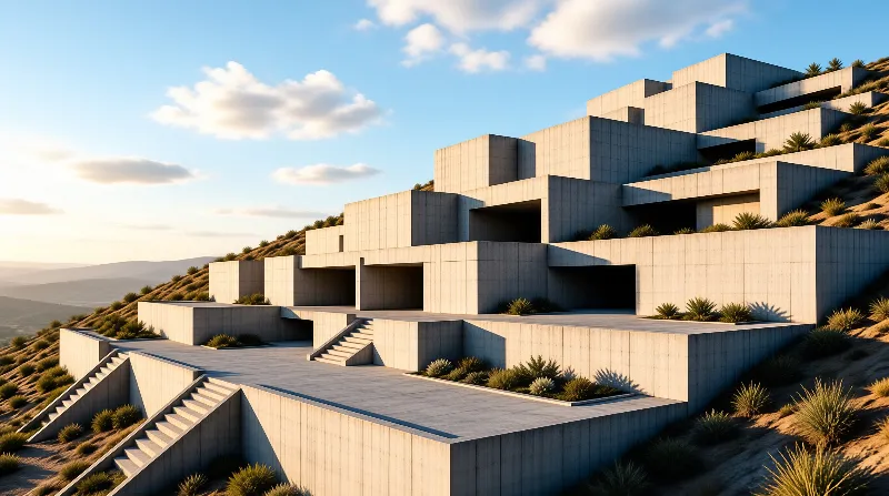 Stepped concrete platforms and stairways climb an arid grassy slope under warm late afternoon light.