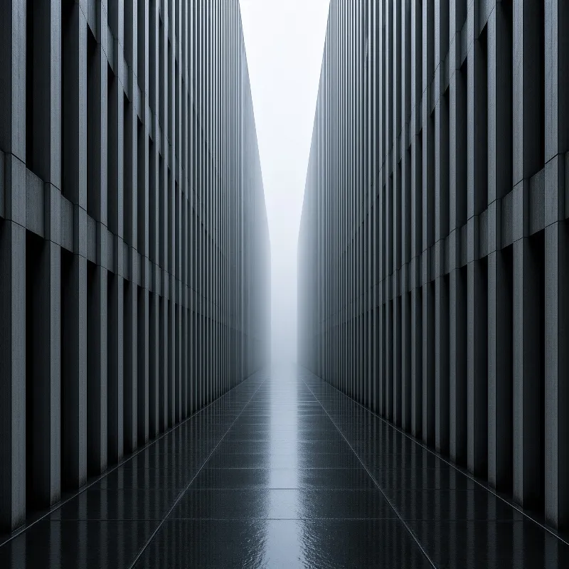 A symmetrical passage between tall dark concrete columns leads toward bright glowing fog at the vanishing point.