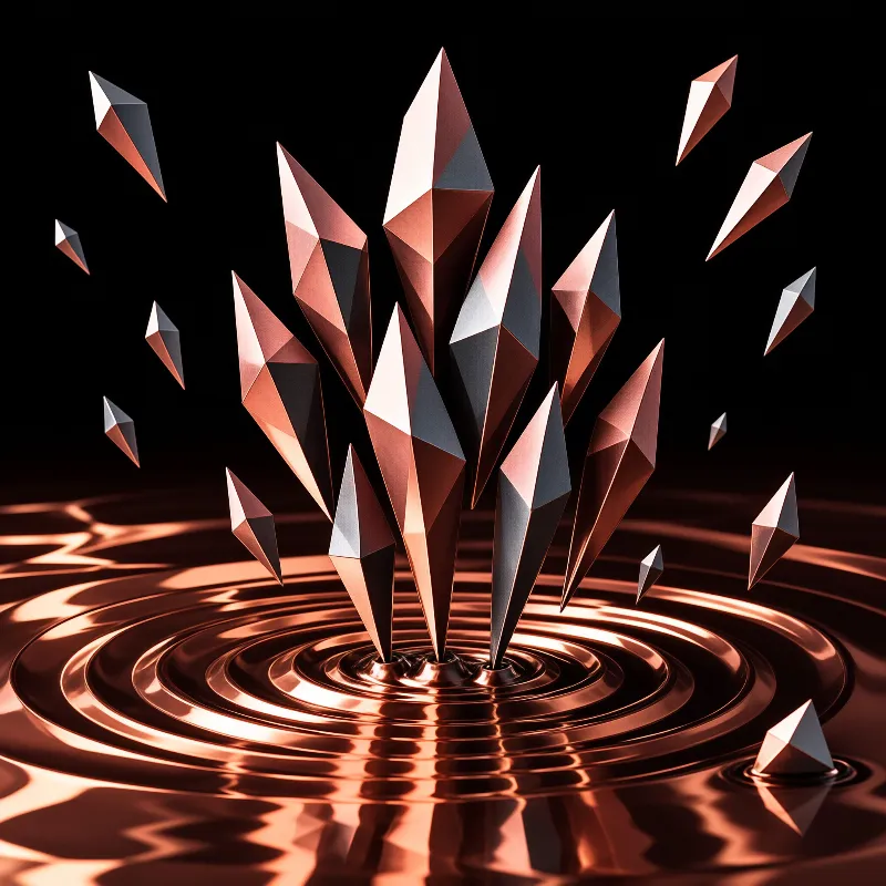Pointed copper crystals rise from concentric ripples in a reflective liquid against a black void.