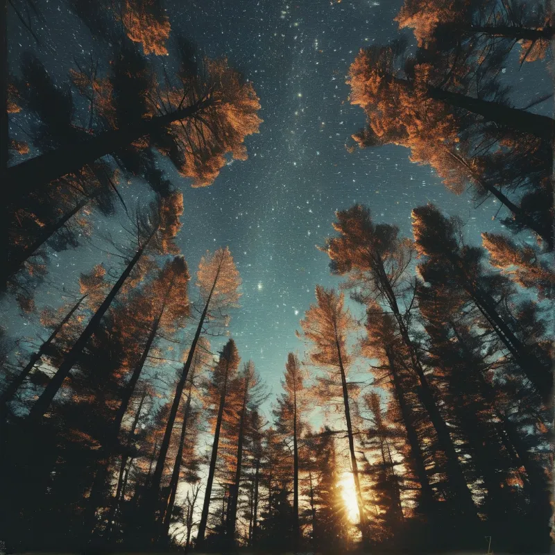 Tall pine trees frame a starry night sky with a bright glow near the horizon
