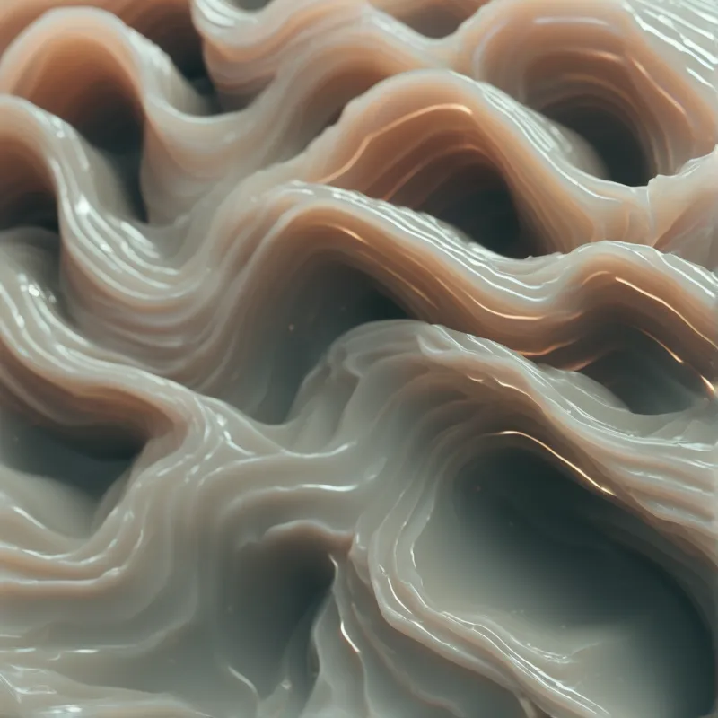 Interlocking wavy ridges of creamy brown chocolate flow across the frame, with soft light catching their smooth glossy tops.