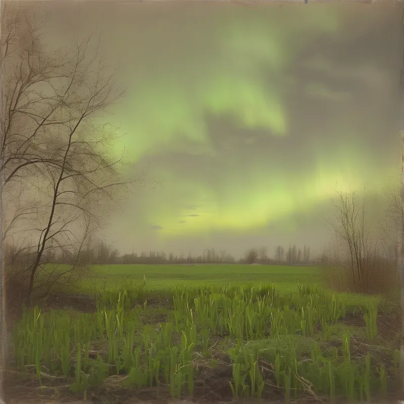 Green Aurora Over Misty Field