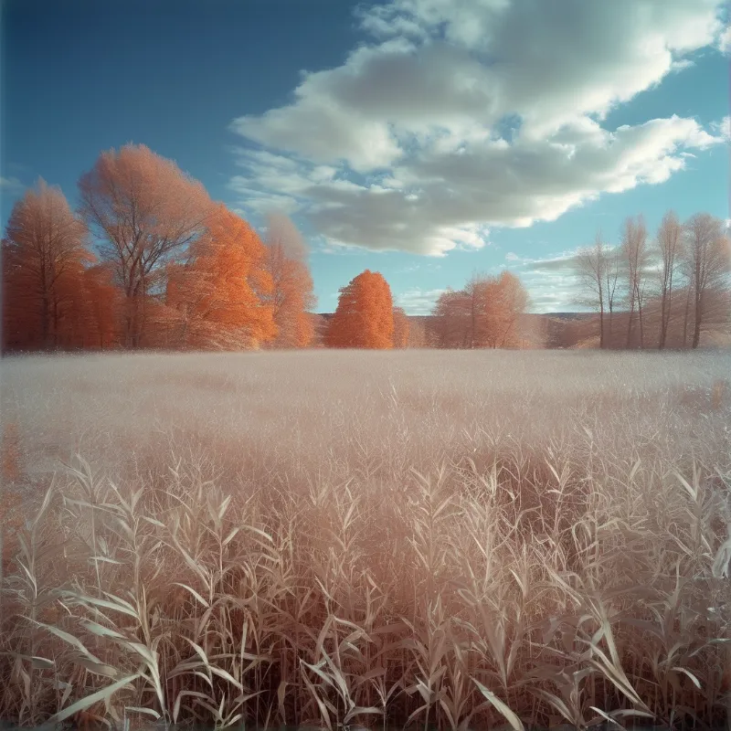 A row of orange autumn trees stands above a pale foggy field of tall grass