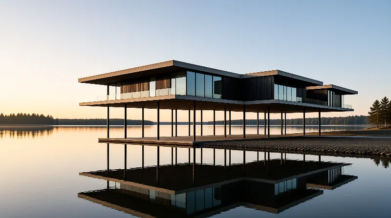 A modern two story house stands on pillars above a calm lake reflecting the sunset sky.