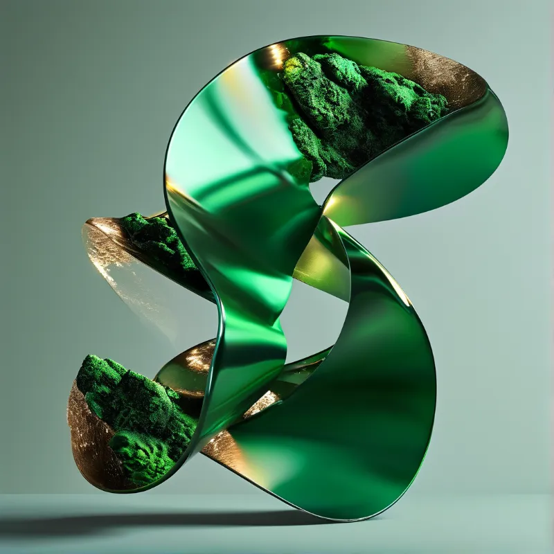 A twisted green metal ribbon curves through a neutral space, revealing mossy textures within its reflective folds.
