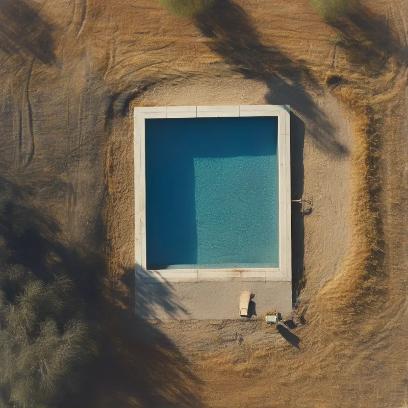 Aerial view of a rectangular blue swimming pool surrounded by dry brown grass and sand with shadows cast across the ground.