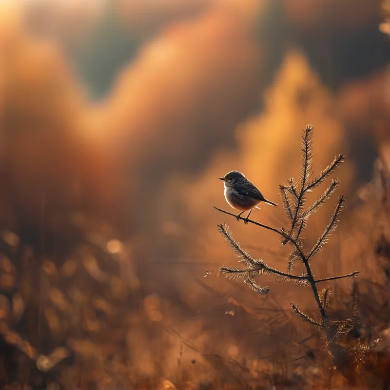 A small bird rests on a frost-covered twig against a blurred background glowing with warm autumnal light.
