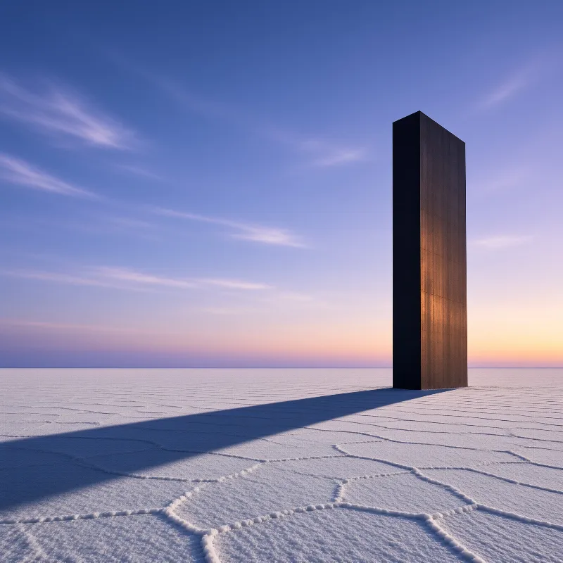 A massive dark rectangular monolith stands alone on a vast white salt flat at sunset, casting a long shadow across the cracked ground under a blue sky.