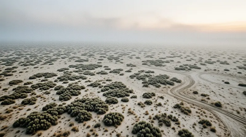 A winding dirt road curves through a vast expanse of low green bushes under a thick, pale morning fog.
