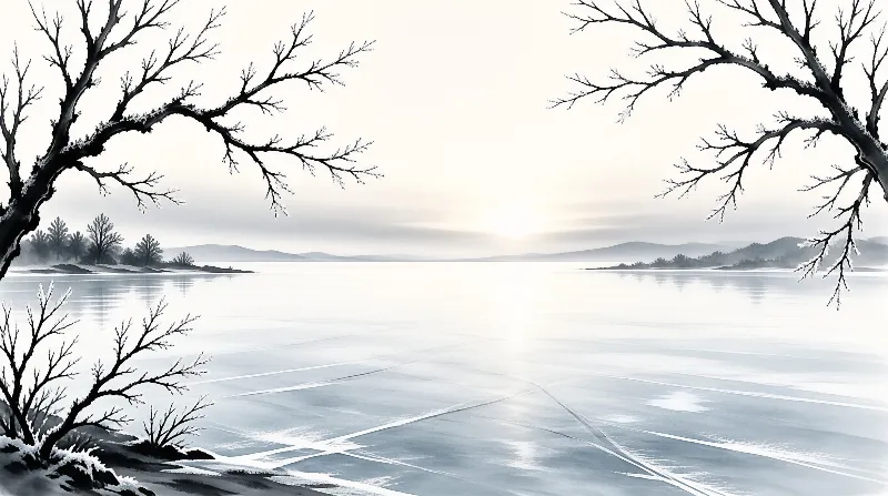 Bare branches frame a vast frozen lake stretching toward hazy mountains beneath a pale winter sky.