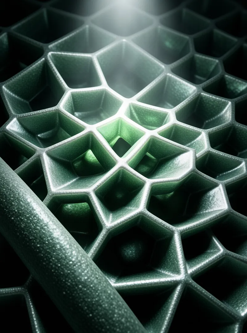 A green hexagonal lattice structure has bright metallic ridges, lit from above with a soft central glow.