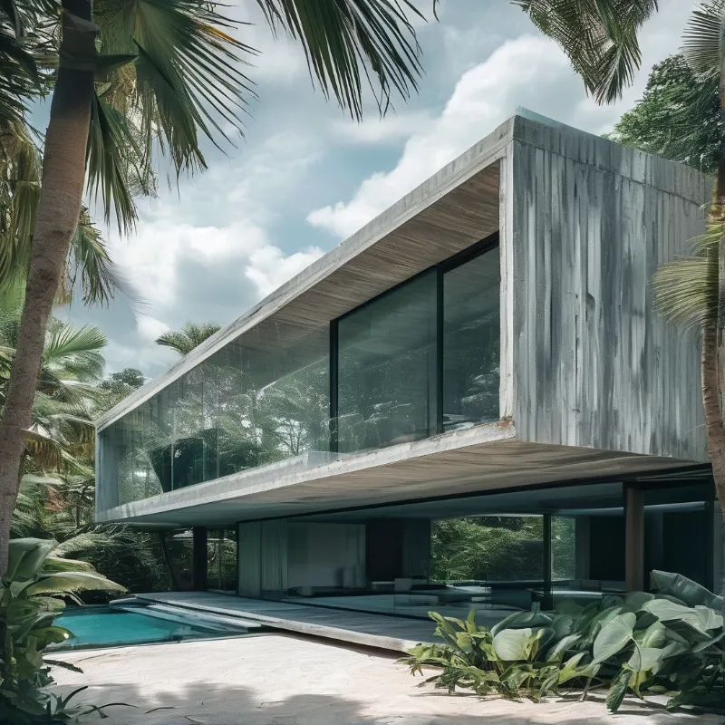 A concrete residence features floor to ceiling windows overlooking a blue swimming pool amidst palm trees.