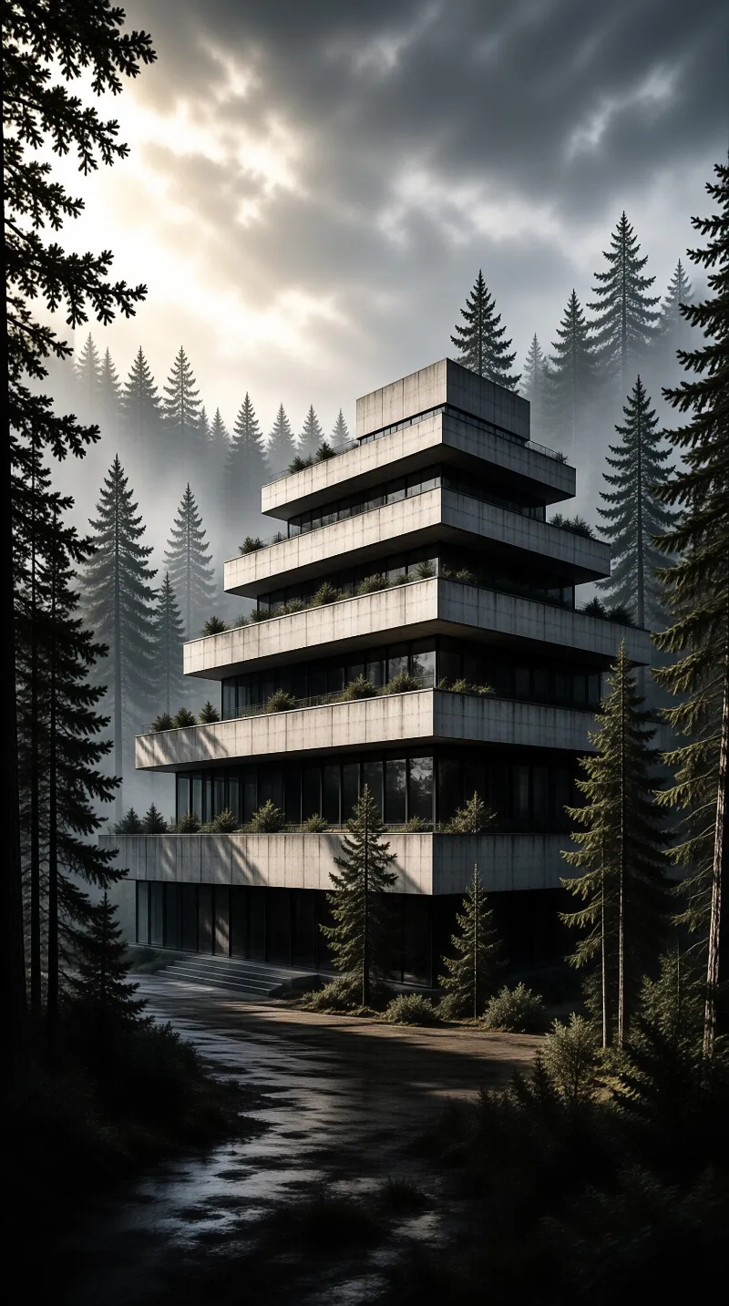 A modernist building of stacked concrete terraces planted with shrubs stands in a foggy pine forest beneath a moody grey sky.