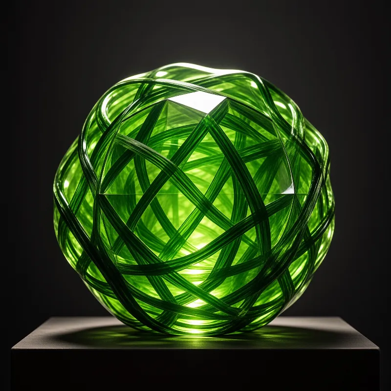 A translucent green glass sphere featuring a woven lattice sits illuminated on a dark platform against a black background.