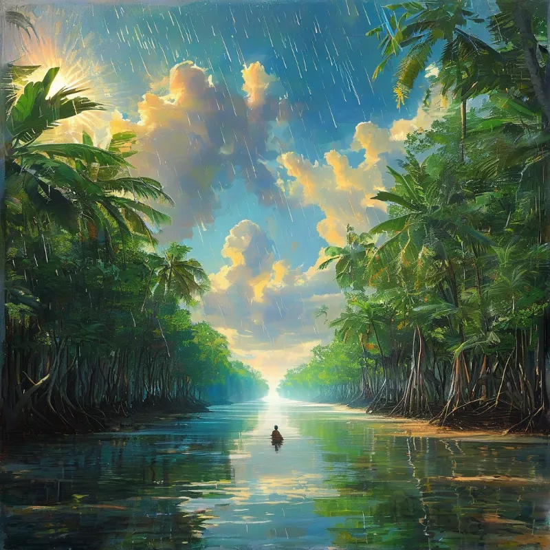 A lone figure paddles a canoe down a rainy tropical jungle river, golden light breaks through clouds above the green banks.