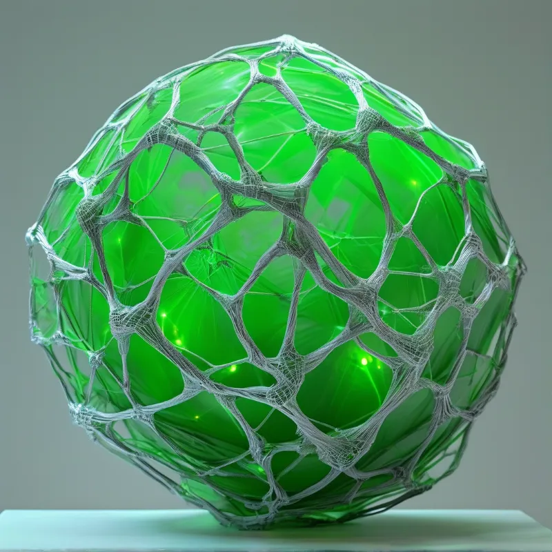 A luminous green core shines through an intricate white cellular net draped over a rounded sculptural form.