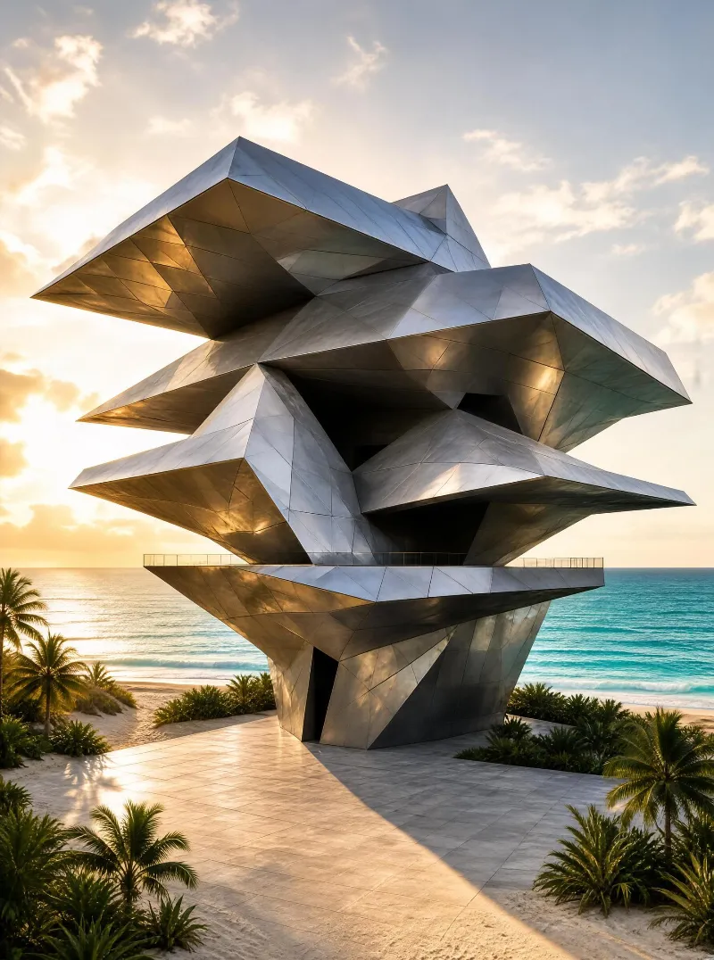 A angular, metallic building with layered geometric shapes stands on a sandy beach near the ocean, bathed in warm sunset light