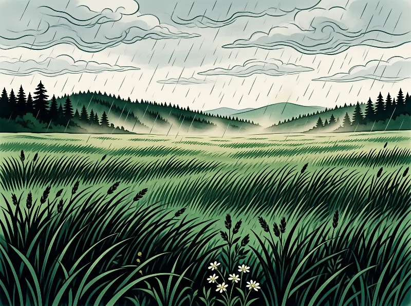 Landscape features tall grasses and flowers in foreground before a dark treeline and misty hills under a raining sky.
