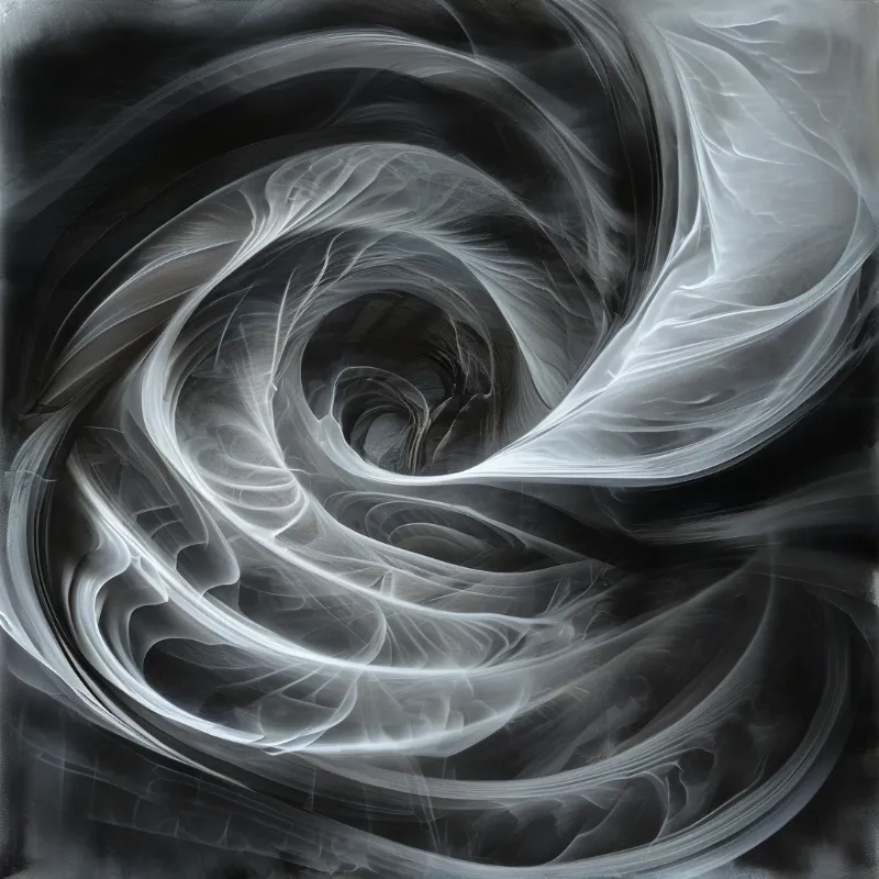 An abstract monochrome composition of luminous grey filaments coiling in a spiral toward a deep central void.