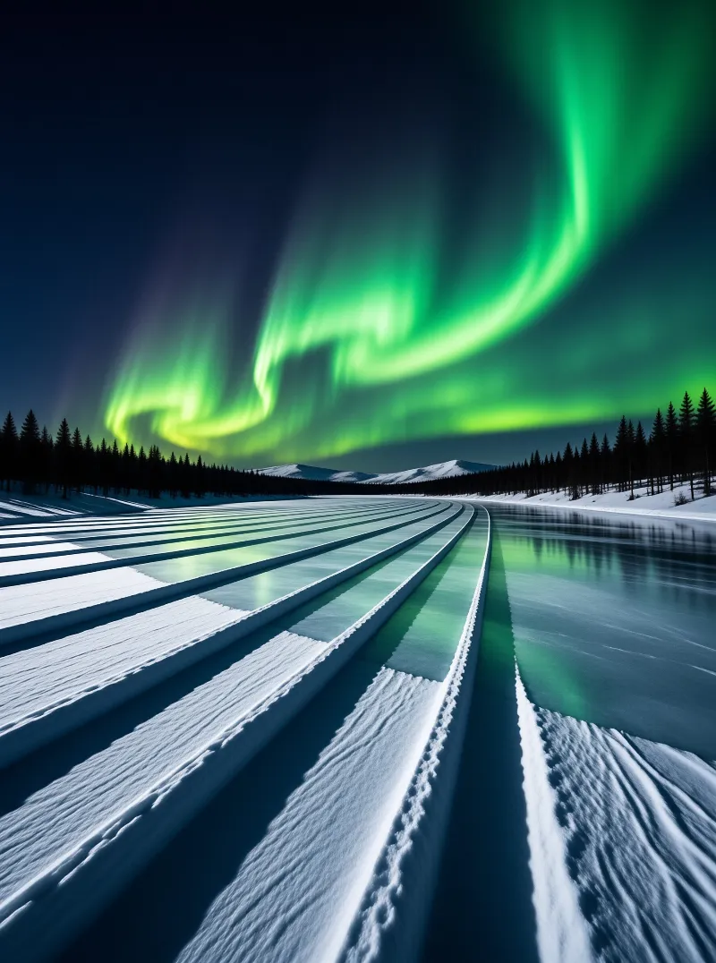 Parallel snow ridges run across a frozen lake reflecting the green aurora dancing above distant pine forests.