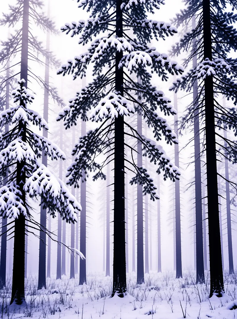 Tall pine trees heavy with snow stand in a foggy forest where the background fades into white mist.
