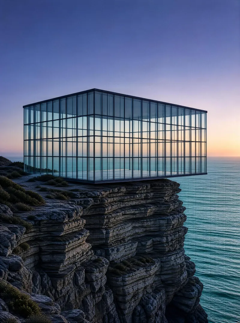 Glass Cube on Cliff by Sea