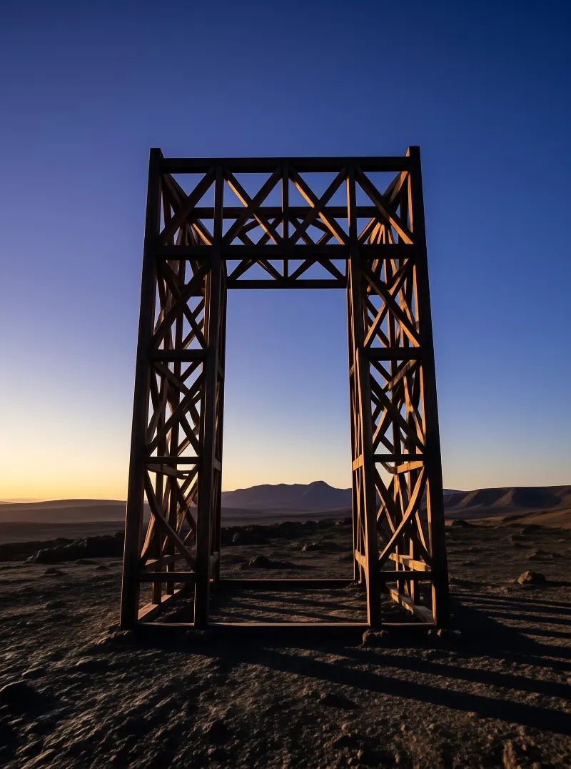 A large dark lattice gate stands in a barren rocky landscape as warm sunlight highlights its frame against a blue sky.