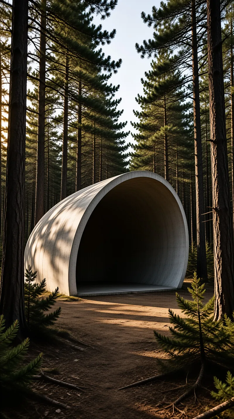 This white tubular structure rests among tall trees while warm sun creates patterns on the curved surface.