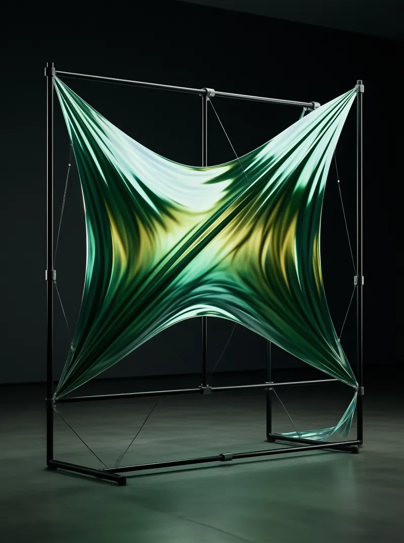 Glossy fabric is pulled taut between steel posts, its folds shading from emerald to a luminous yellow center.