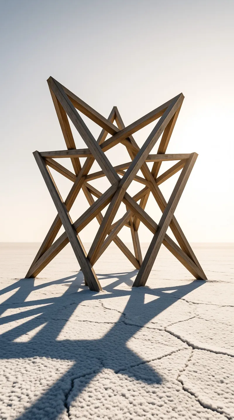 A large three-dimensional wooden star structure stands on cracked white salt flats, casting long geometric shadows in bright daylight.