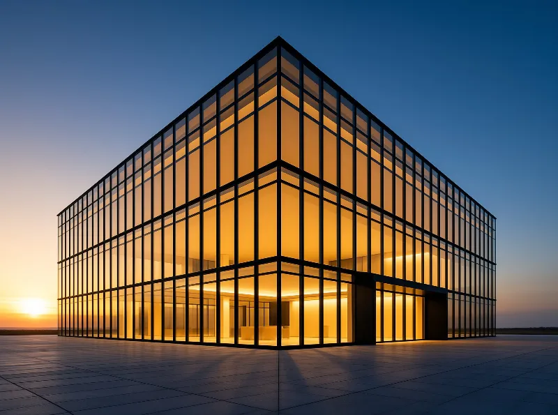 A modern glass building emits warm light against the cool blue sky of dusk.