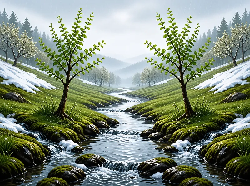 A river winds between grassy banks where melting snow contrasts with fresh green trees and mossy rocks under a rainy sky.