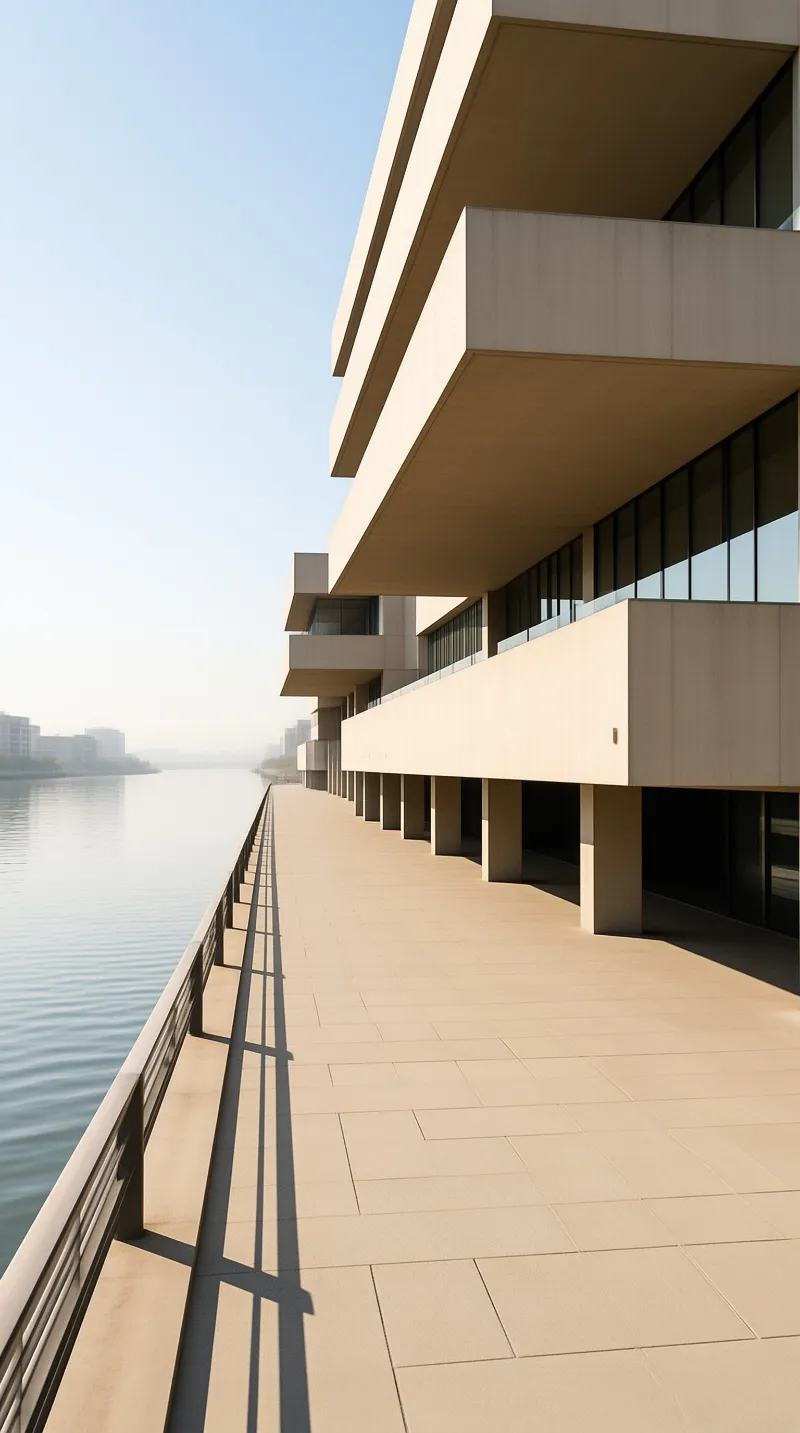 Stacked concrete slabs shade a riverside esplanade where railings and columns cast long lines on pale paving.