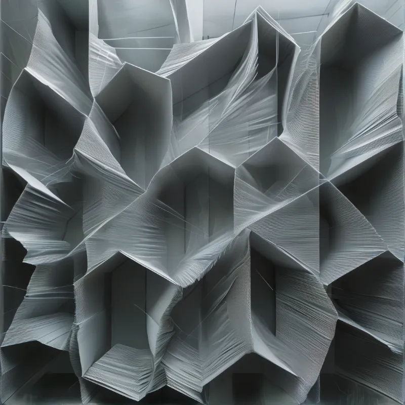 Interlocking folded paper planes form repeating hollow vaulted forms, lit by cool grey light casting soft recessed shadows.