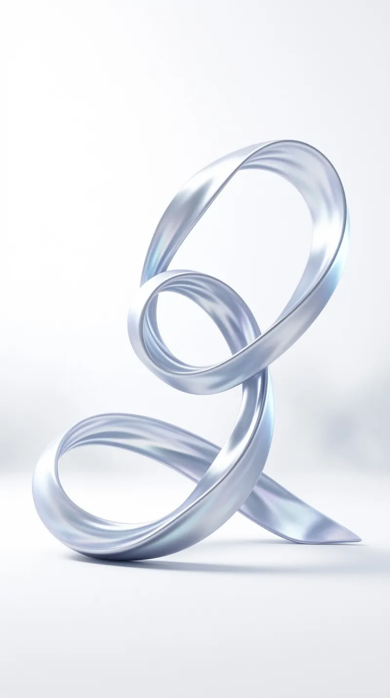 A shiny silver ribbon twists into loops on a plain white surface.