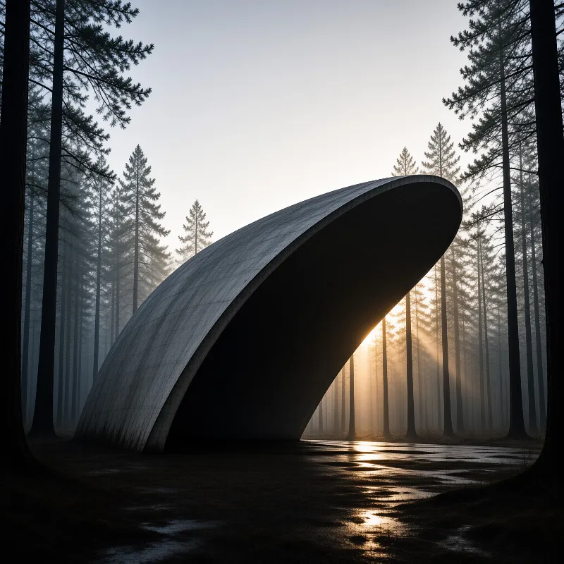Massive concrete arch surrounded by tall pine trees catches golden sunlight filtering through morning mist on wet ground.