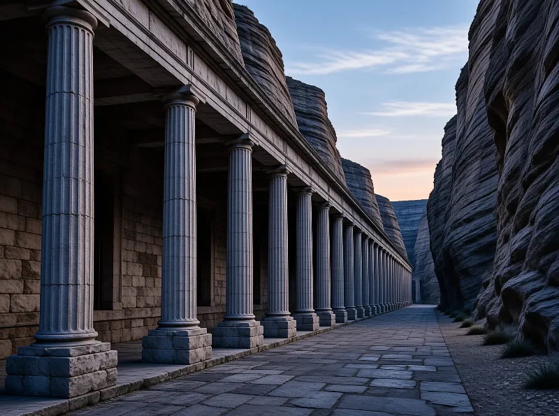 A row of stone columns lines a paved path between towering rock faces under a twilight sky.