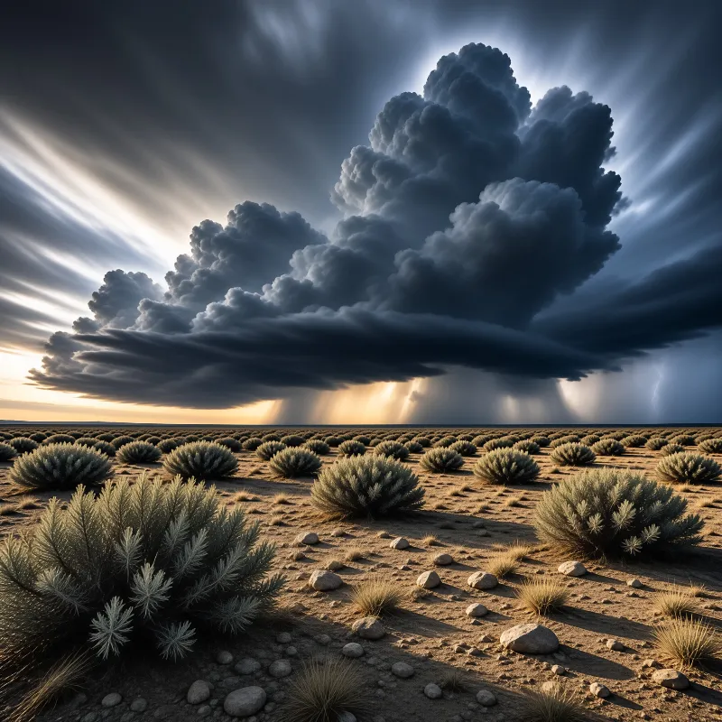 Massive dark cloud towers over flat desert sagebrush while bright sunbeams cut through the stormy sky.