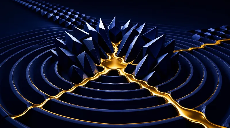 A cluster of sharp blue crystals emerges from concentric grooves as a thick stream of golden liquid winds through the base.