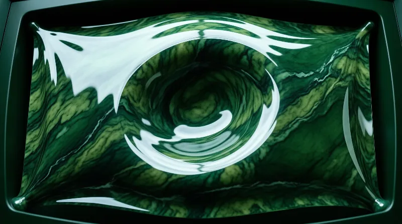 A square glossy tray displays swirling green marble patterns with a bright white circular vortex reflection in the center.