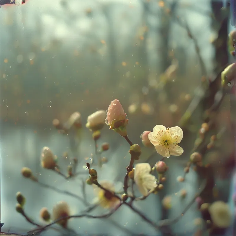 A pale pink bud and creamy white blooms open along a slender branch dusted with vintage film grain.