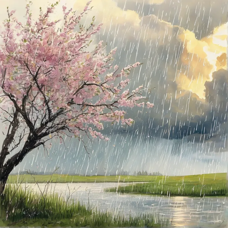 A pink flowering tree leans over a pond as rain streaks down beneath a luminous stormy sky
