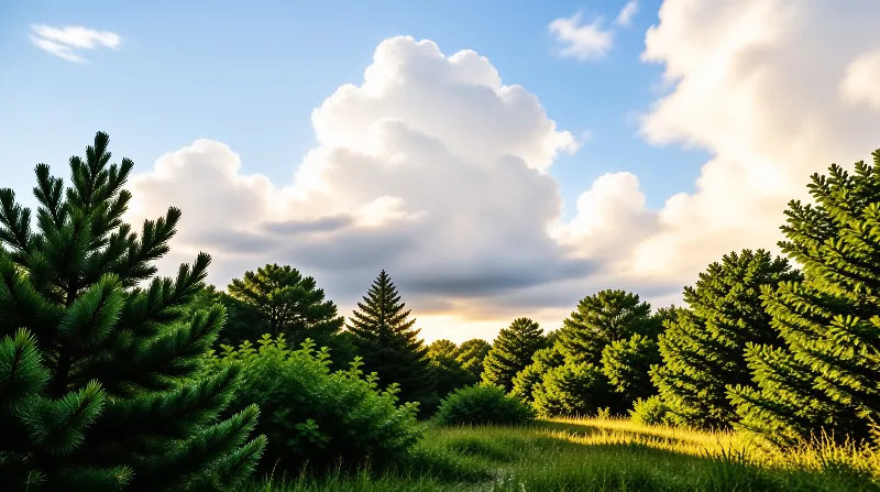 Dark evergreen trees on the left contrast with bright foliage on the right beneath a blue sky full of large white clouds.